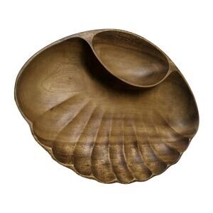 Divided Wood Bowl Hand carved Clam Scalloped Monkey Pod Made in Philippines